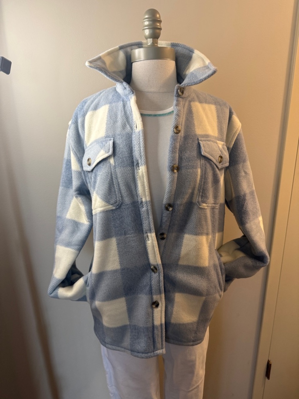 Sage Blue and White Plaid Fleece Shacket